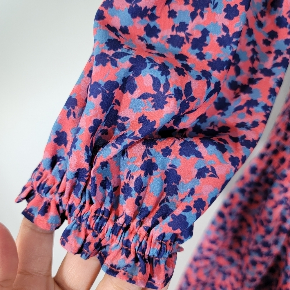 Parker Women Pink/Navy Floral Mini Dress Sz L Cottagecore Boho Praire Party - Picture 7 of 12